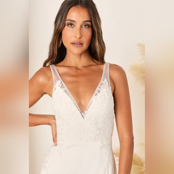 Precious Promise White Satin Embroidered Lace Mermaid Maxi Dress - small - Picture 4 of 10